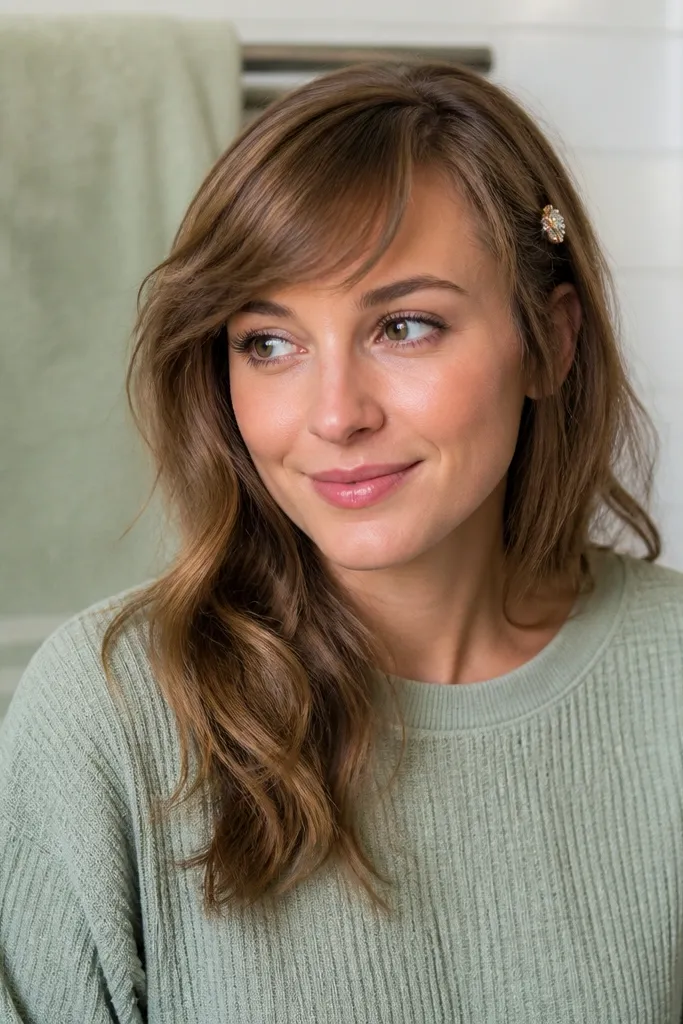Short hair with side-swept waves and a single hair gem near the temple
