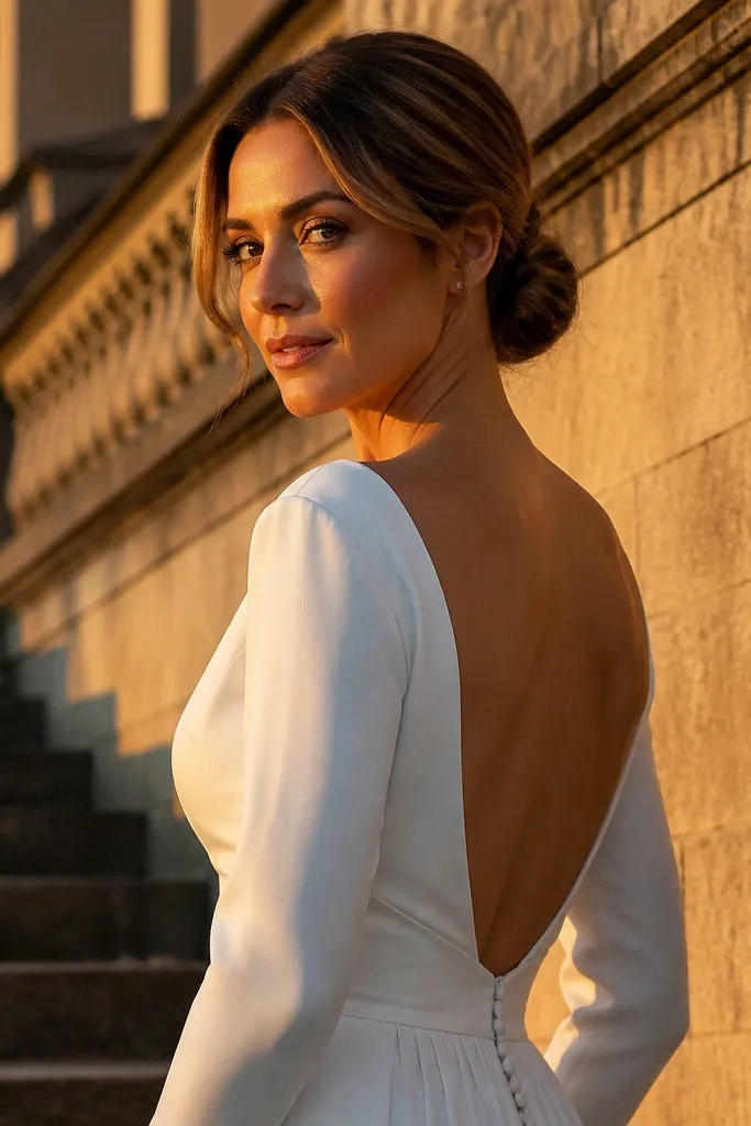 Short hair pinned into a low roll at the back with a clean neckline