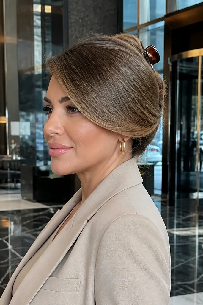 Short hair styled into a side-swept faux bob with a mini clip at the crown
