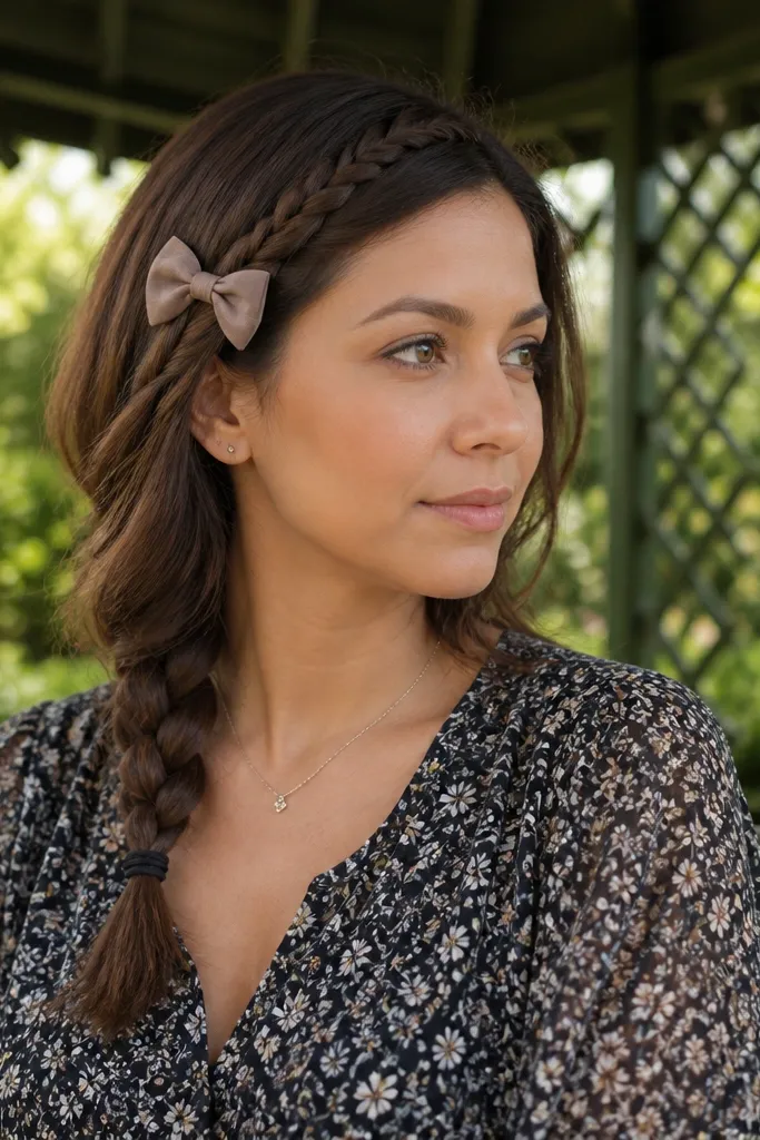 Short hair twisted into a side braid with a small bow clip near the temple