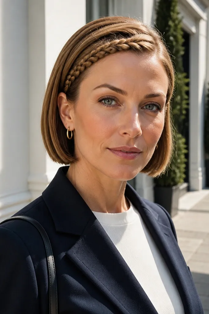 Sleek short bob with a diagonal braid along the hairline