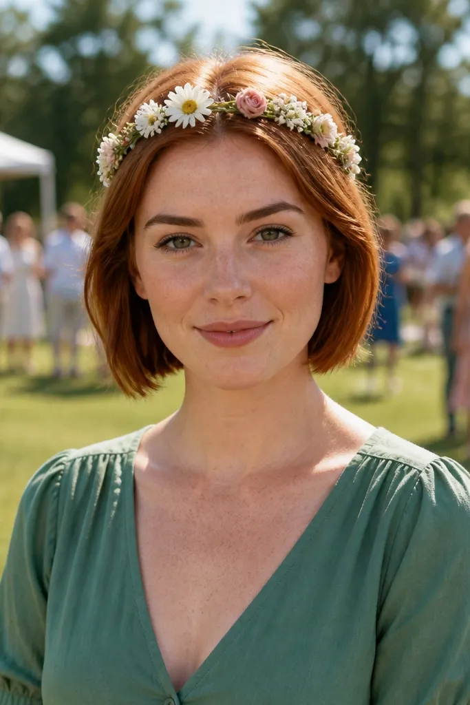 Short hair with a mini flower crown and tucked ends under the band