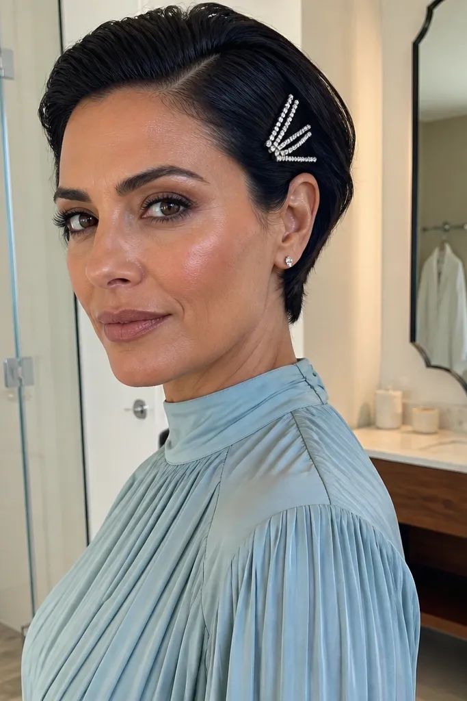 Short hair with sleek wet-look shine and crystal bobby pins at the side