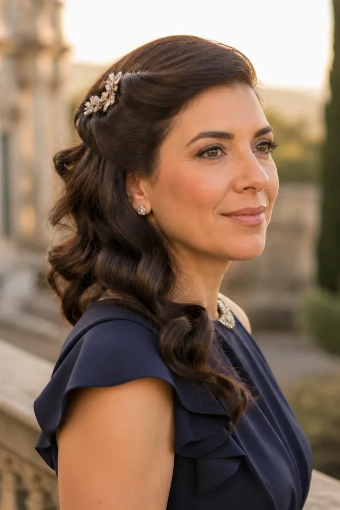 Short hair with cascading side twists and a bridal barrette near the crown