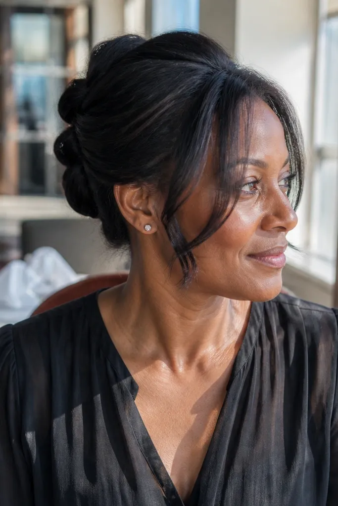 Short hair pinned in three sections at the back with soft face-framing pieces