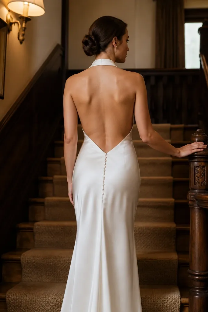 Cream charmeuse halter wedding dress with an open back and low V front