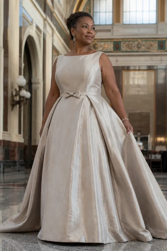 Ivory dupioni ballgown with a small waist bow and full skirt