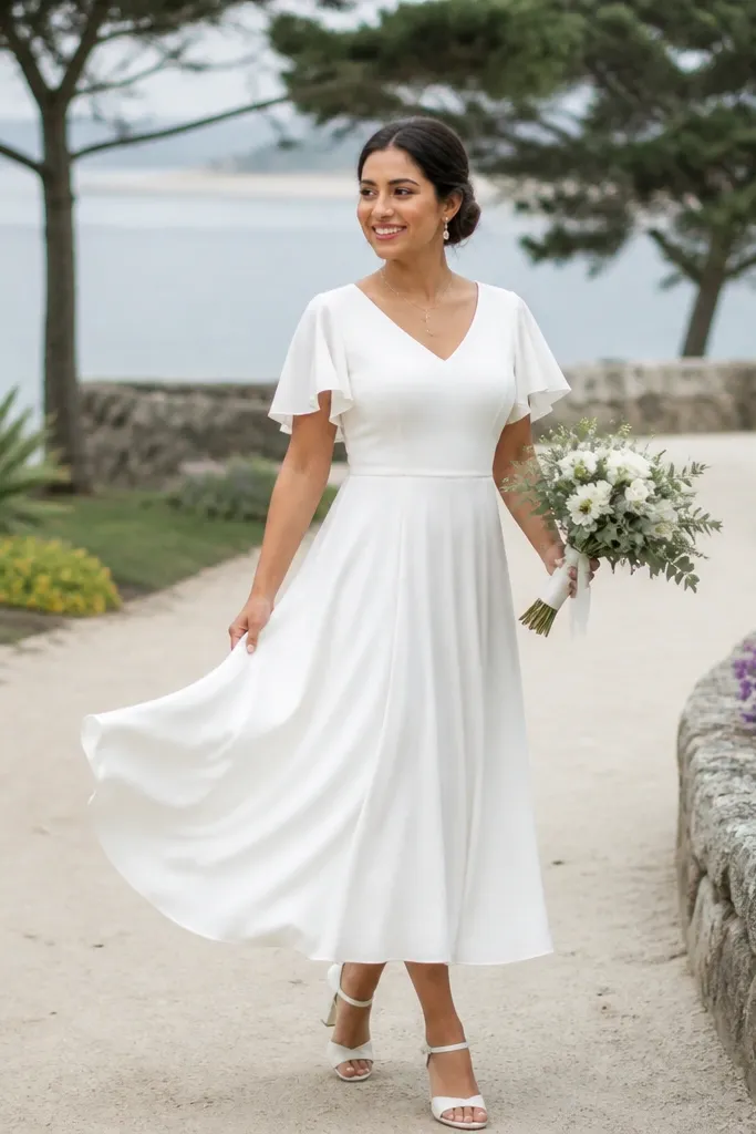 Ivory charmeuse tea-length wedding dress with lightweight flutter sleeves