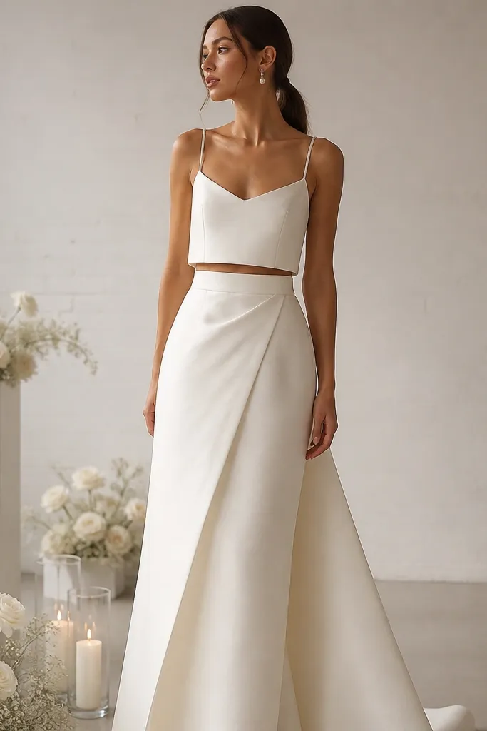 Ivory dupioni wrap skirt set with a silk camisole top and fitted waist