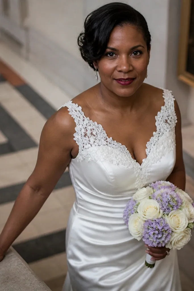 Ivory satin wedding dress with lace-trimmed scoop neckline and a simple straight skirt