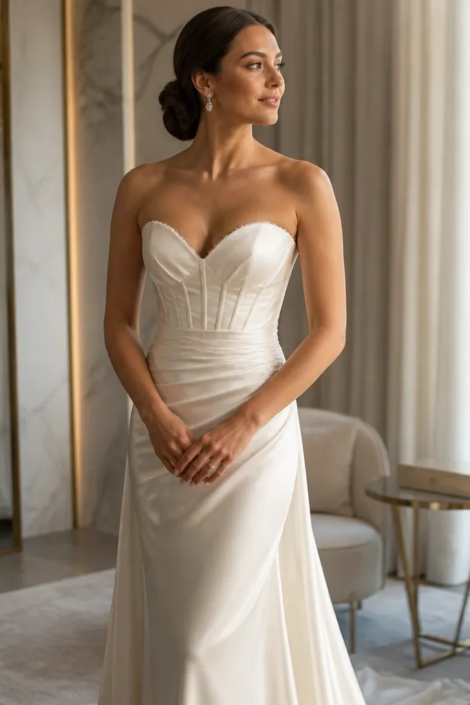 Soft ivory charmeuse corset bodice with fine ruching at the waist and a flowing skirt