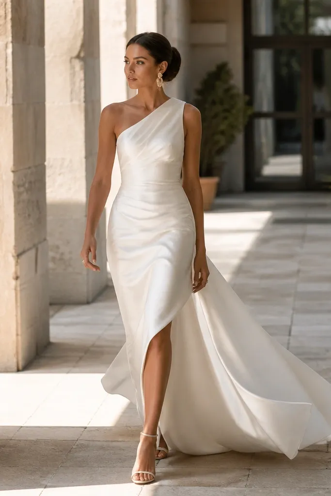 Ivory satin one-shoulder wedding dress with an asymmetrical hem and clean drape