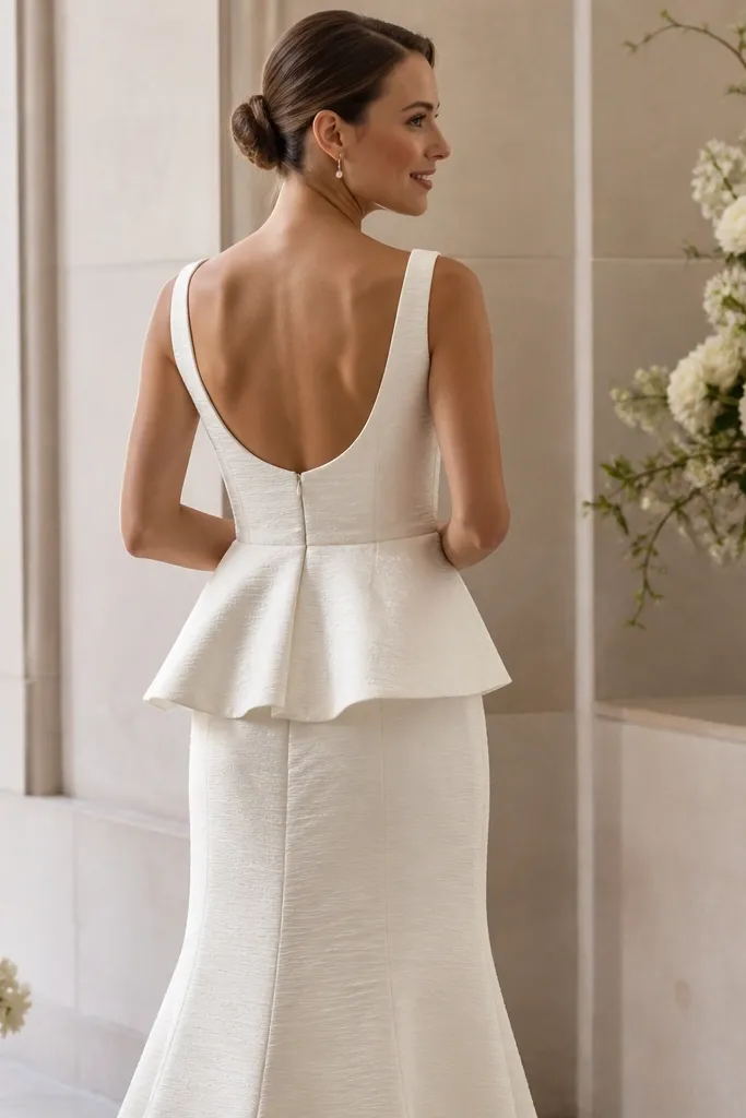 Ivory dupioni sleeveless wedding dress with scoop back and subtle peplum waist