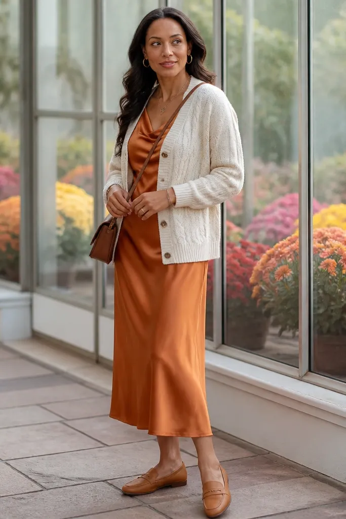 Cinnamon satin midi dress with a cream cardigan and tan loafers