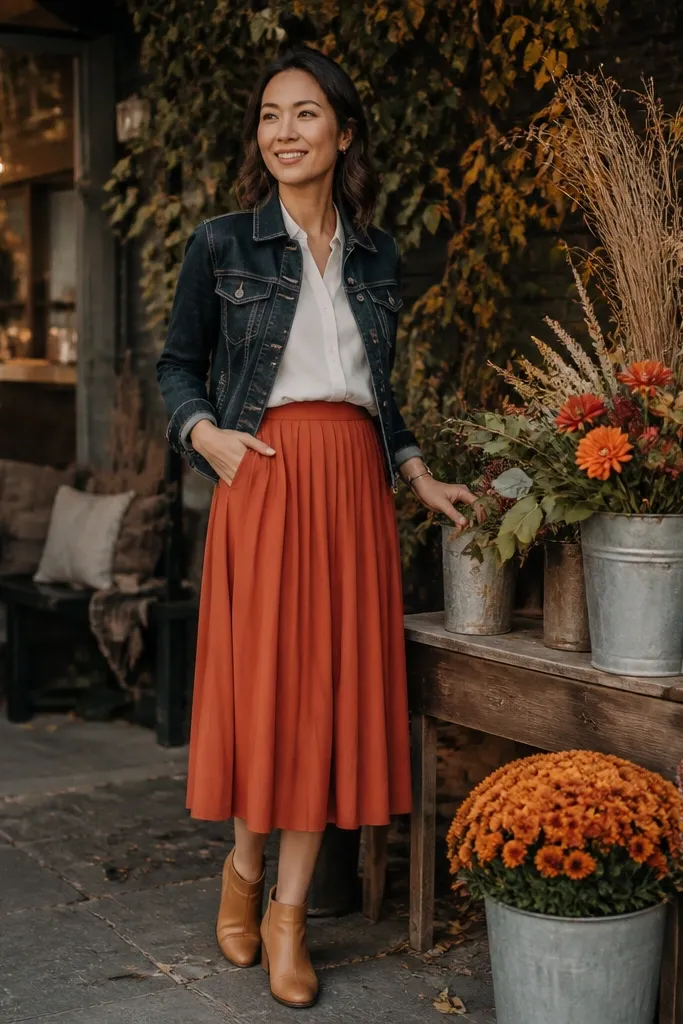 Midnight blue denim jacket over a white blouse with a rust skirt