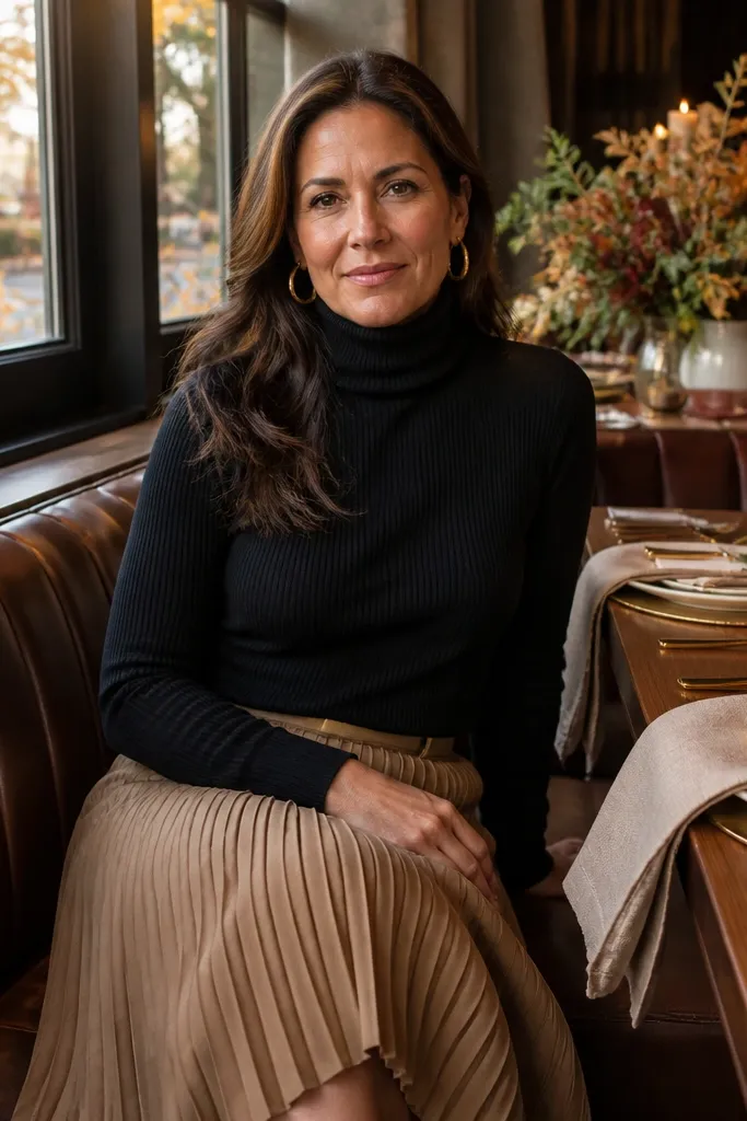 Black turtleneck sweater with a camel pleated midi skirt and gold hoops