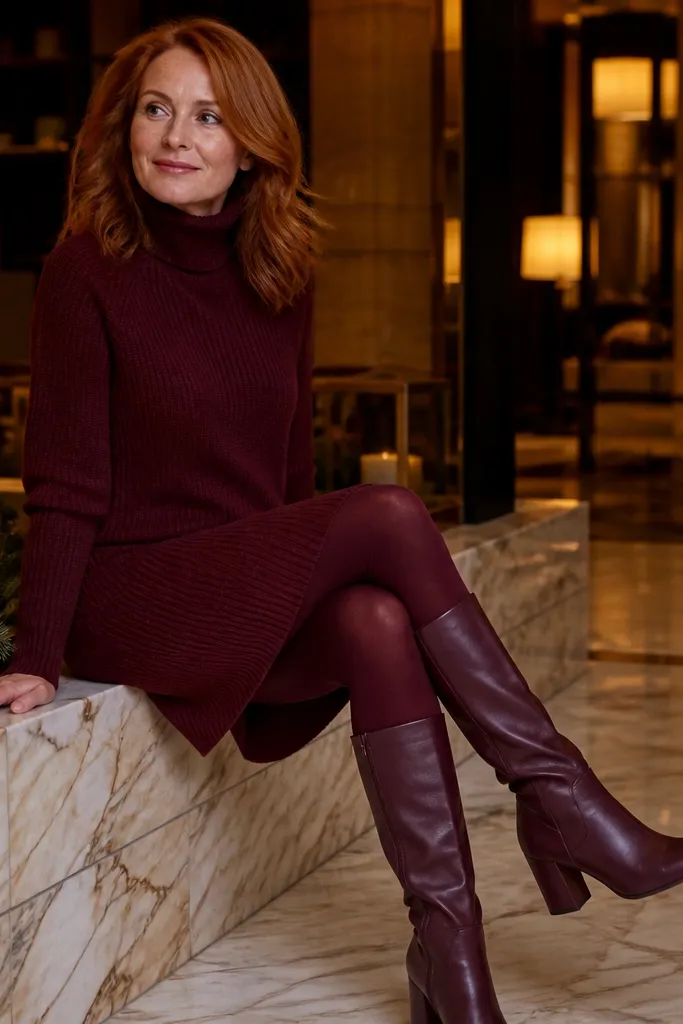 Burgundy sweater dress with opaque tights and wine ankle boots