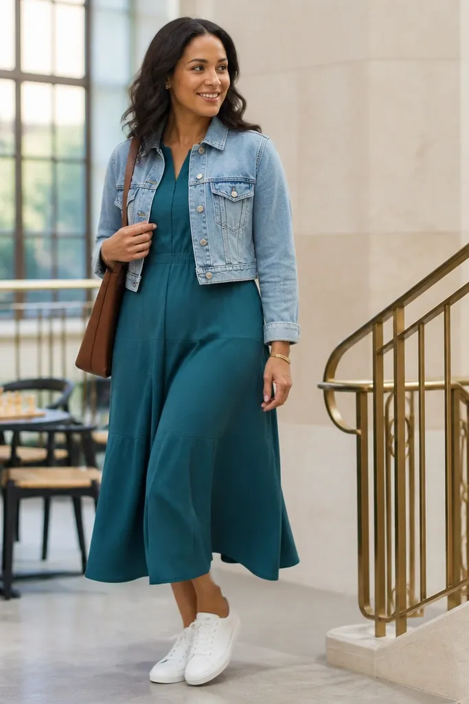 Teal midi dress with a cropped denim jacket and white sneakers
