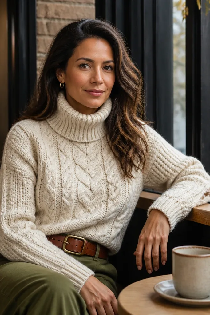 Cream cable turtleneck with olive straight-leg pants and a cognac belt