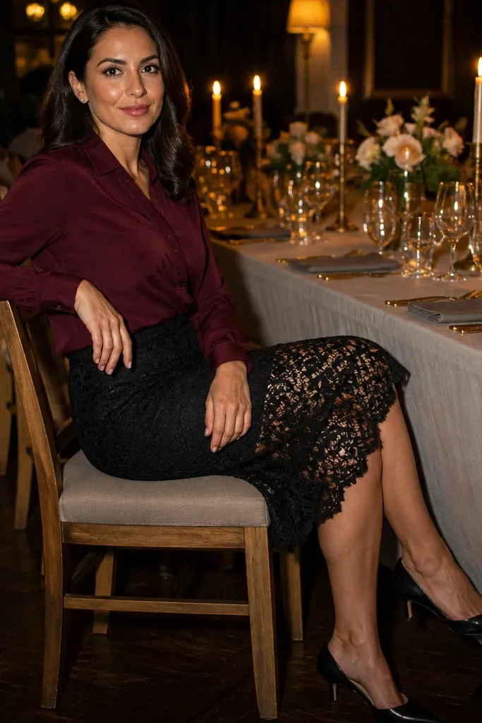 Black lace midi skirt with a burgundy blouse and black kitten heels