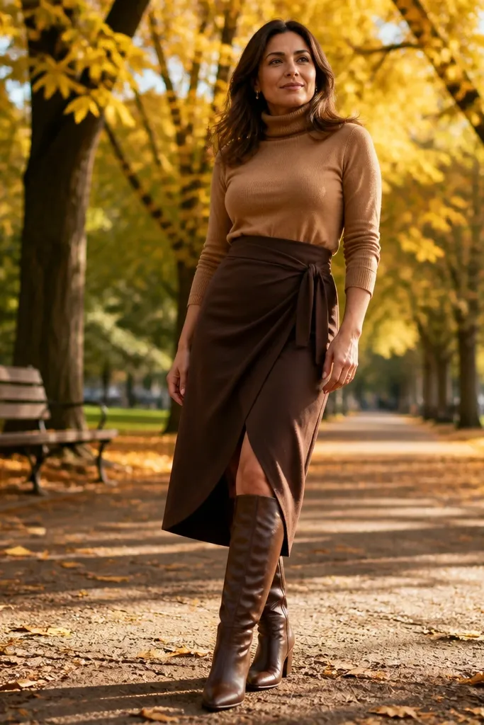Camel turtleneck with a chocolate wrap skirt and knee-high boots