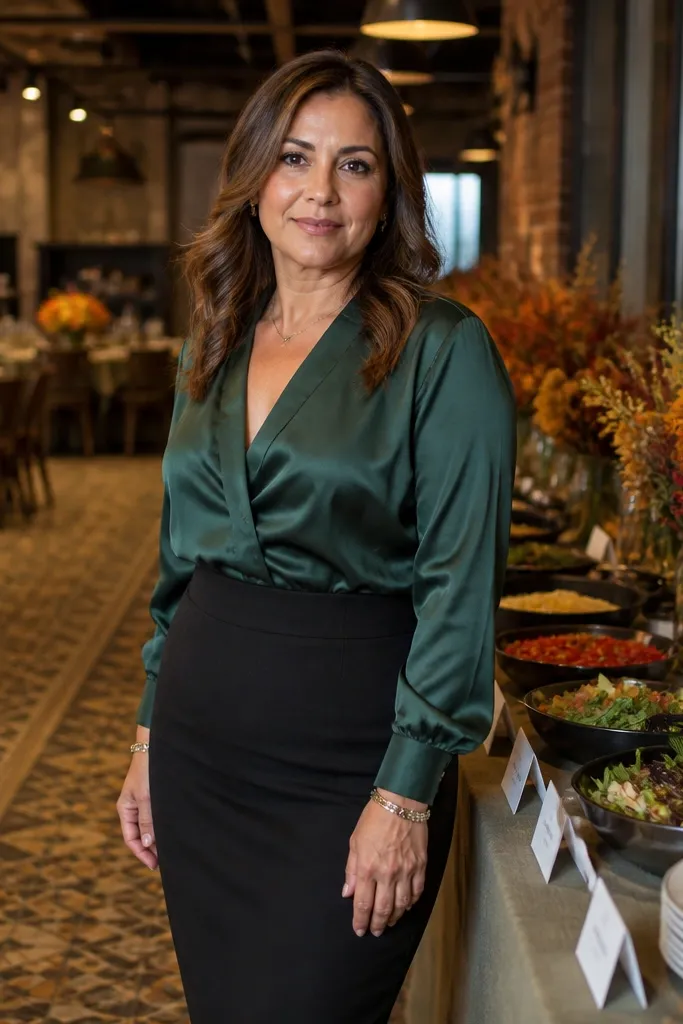 Forest green satin blouse with a black pencil skirt