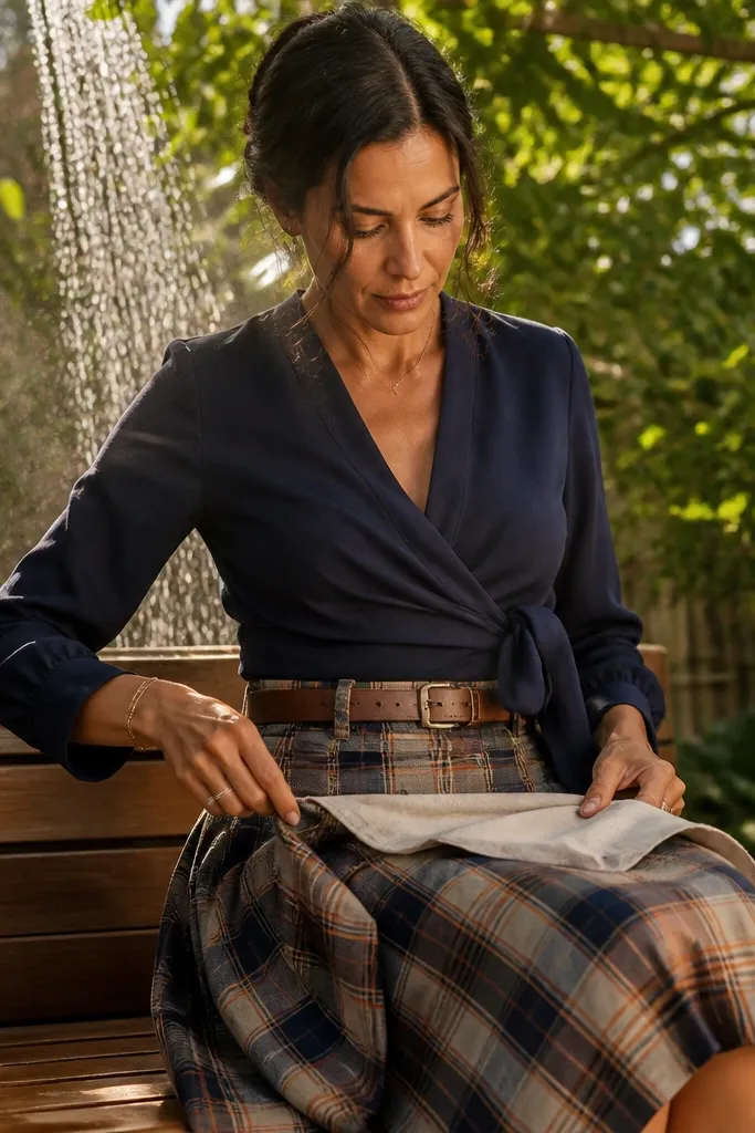 Navy wrap blouse with a plaid midi skirt and a brown belt