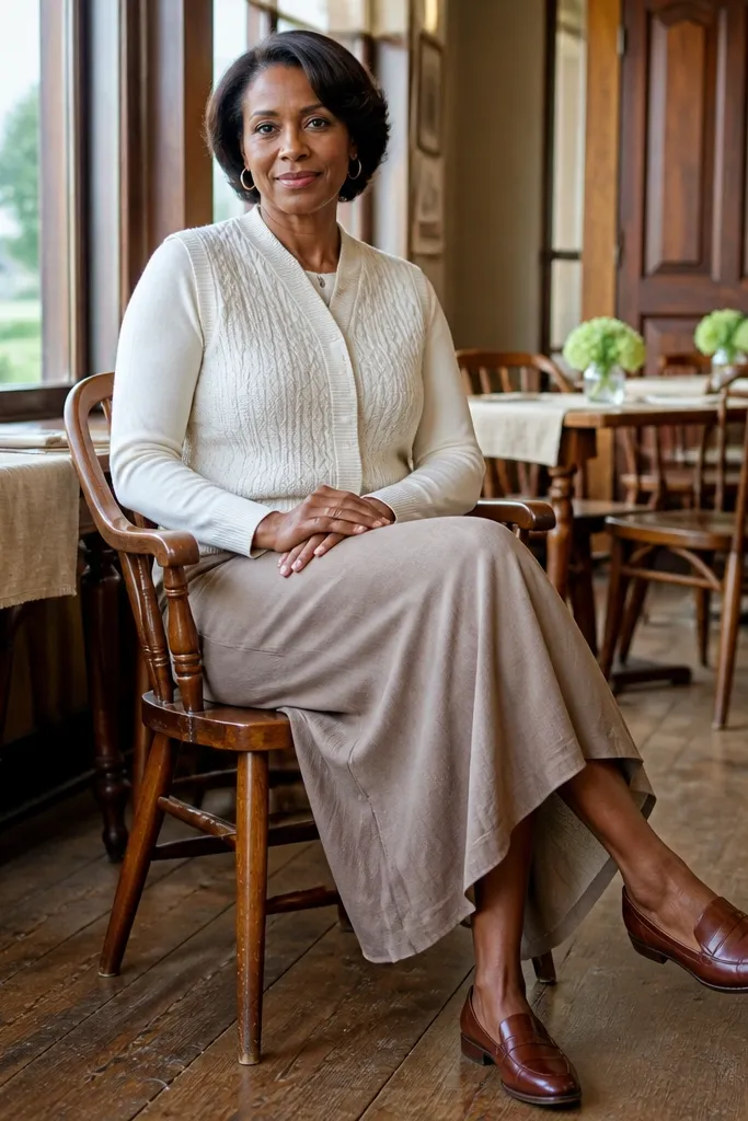 Ivory sweater vest over a light top with a taupe midi skirt and cognac loafers