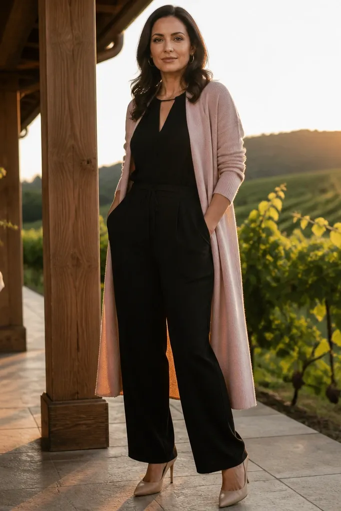 Powder pink coatigan over a black jumpsuit with nude heels