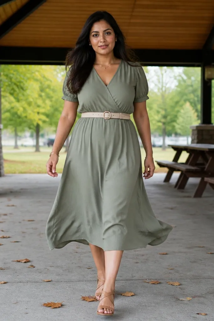 Sage green midi dress with a cream belt and tan sandals