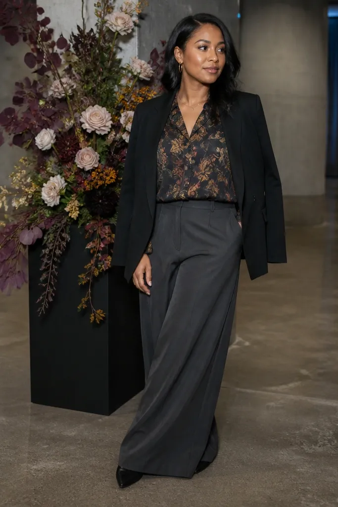 Charcoal wide-leg trousers with a patterned blouse and a black blazer
