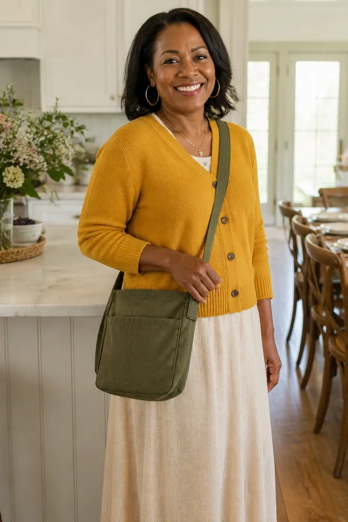 Mustard cardigan over a light top with a cream maxi skirt and olive crossbody