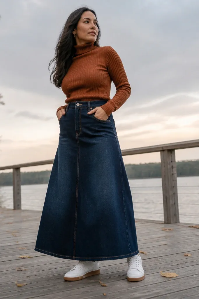 Rust turtleneck with a dark denim maxi skirt and clean sneakers