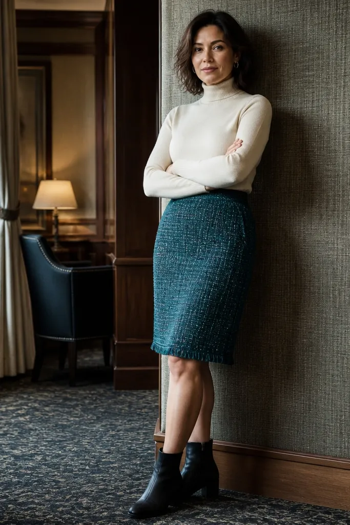 Teal tweed skirt with a cream turtleneck and black ankle boots