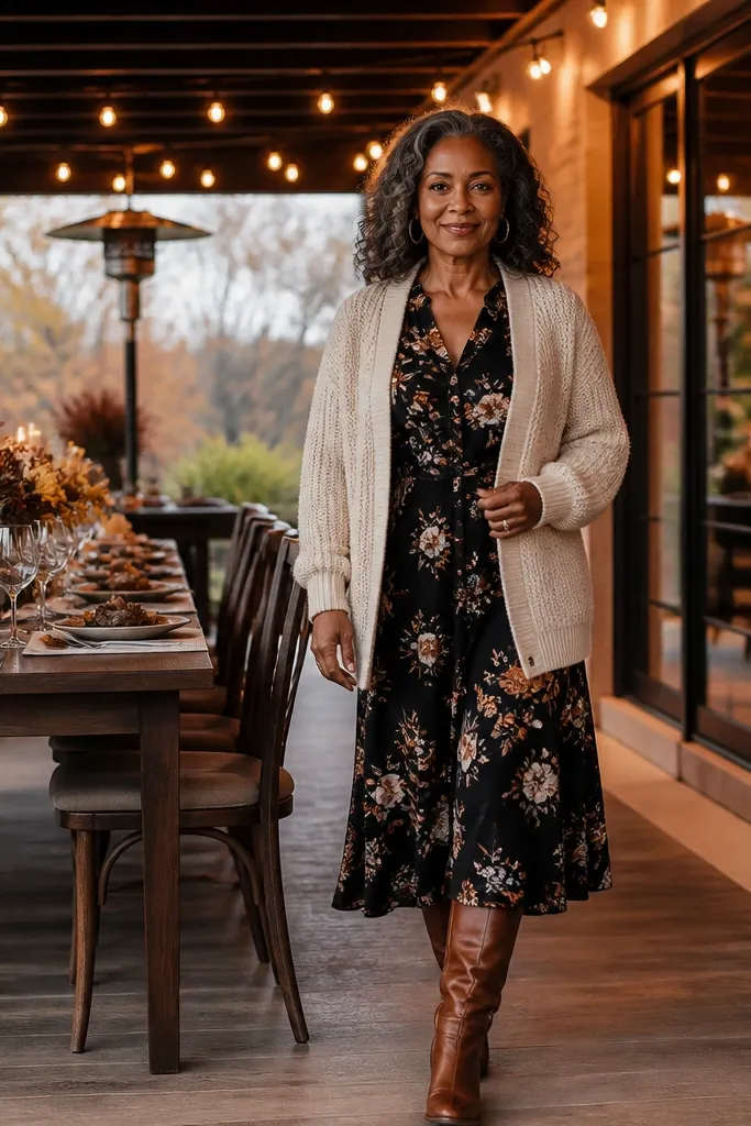 Ivory knit cardigan over a black floral midi dress with brown boots