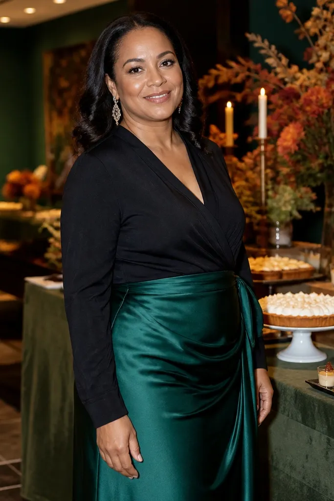 Black wrap blouse with an emerald satin maxi skirt and silver earrings