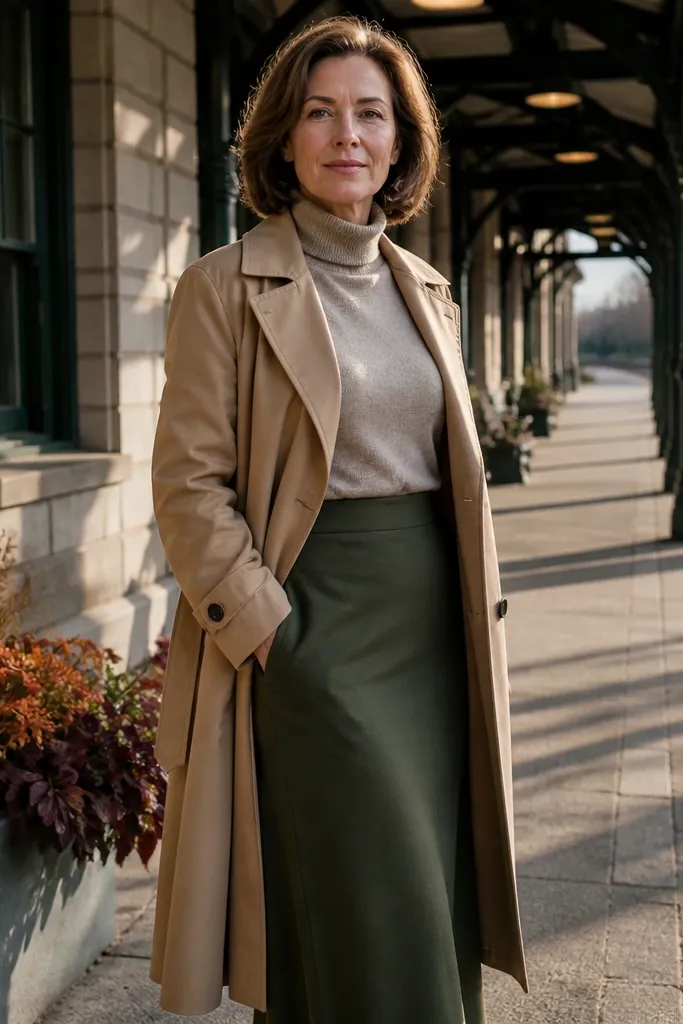 Stone turtleneck with an olive midi skirt and a tan trench-style coat