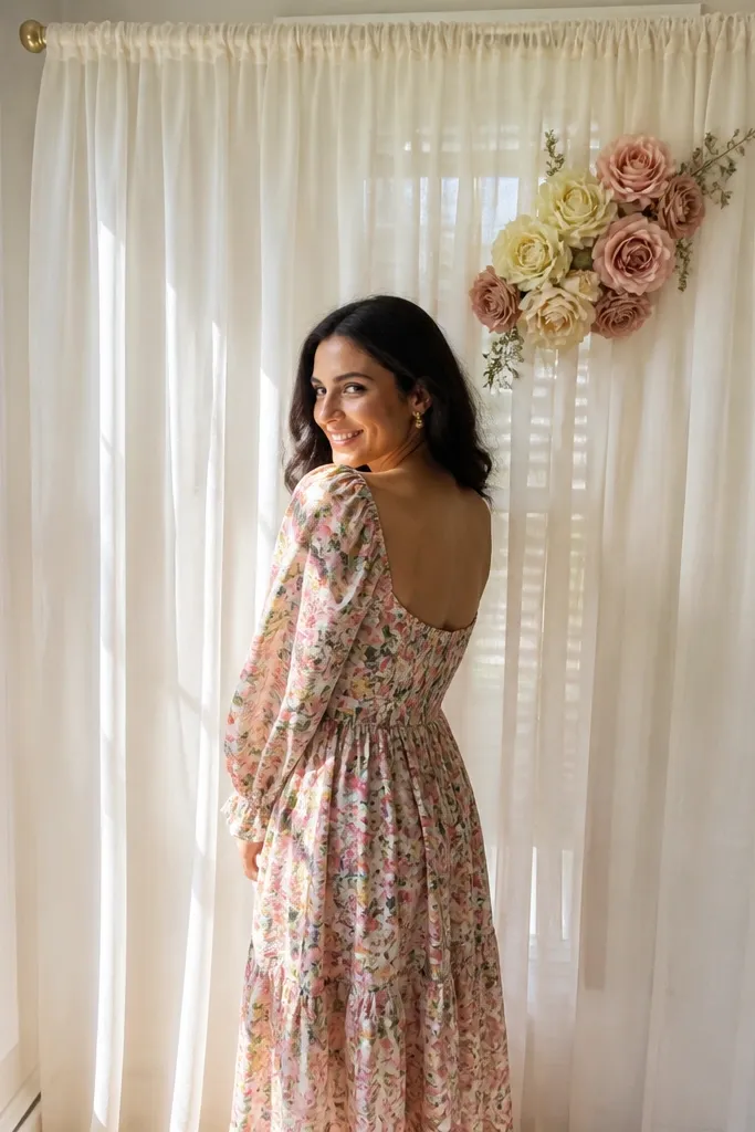 Cream sheer curtain with blush fabric roses behind a small sign
