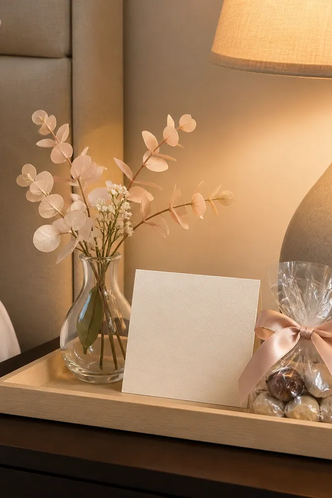 Cream tray with small candles, blush ribbon, and a welcome card on a hotel table
