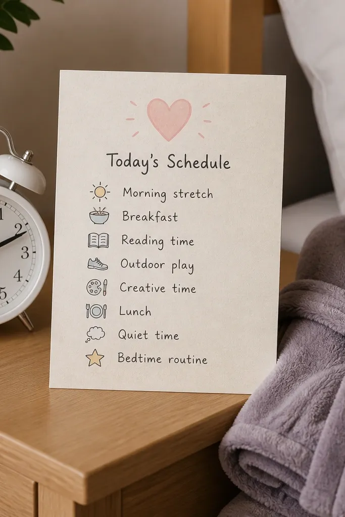 Handwritten-style schedule card in blush ink on a nightstand beside white flowers