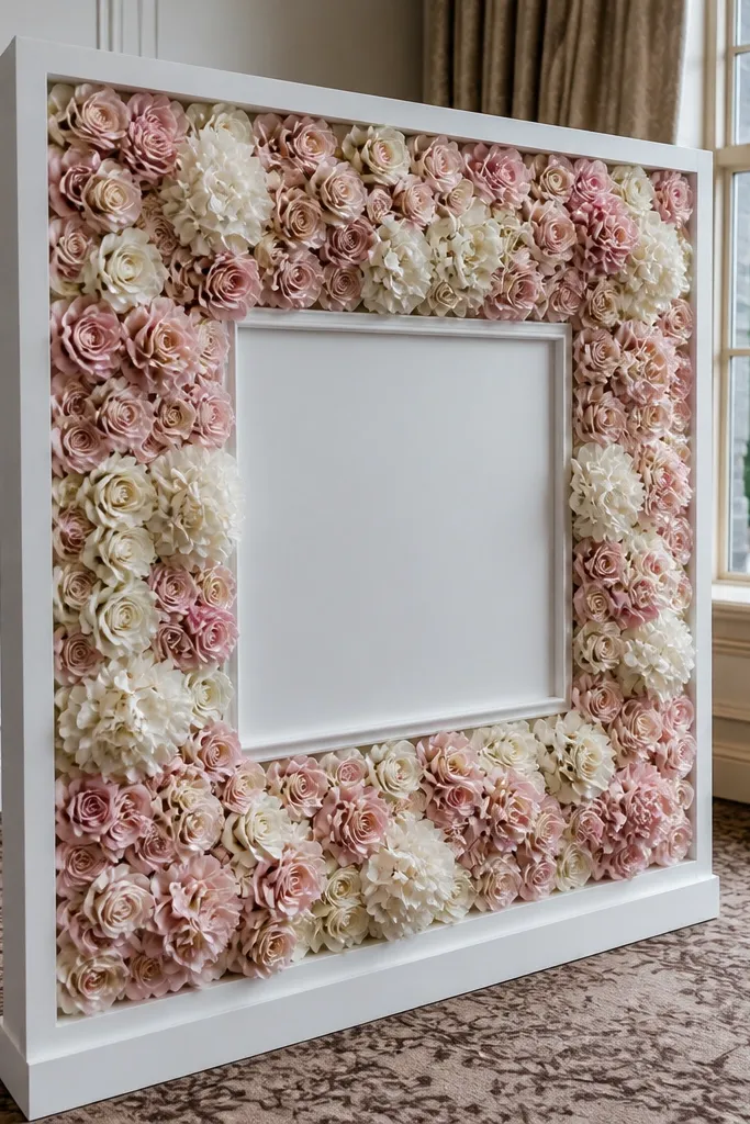 White frame with foam flowers and a sign reading bride tribe