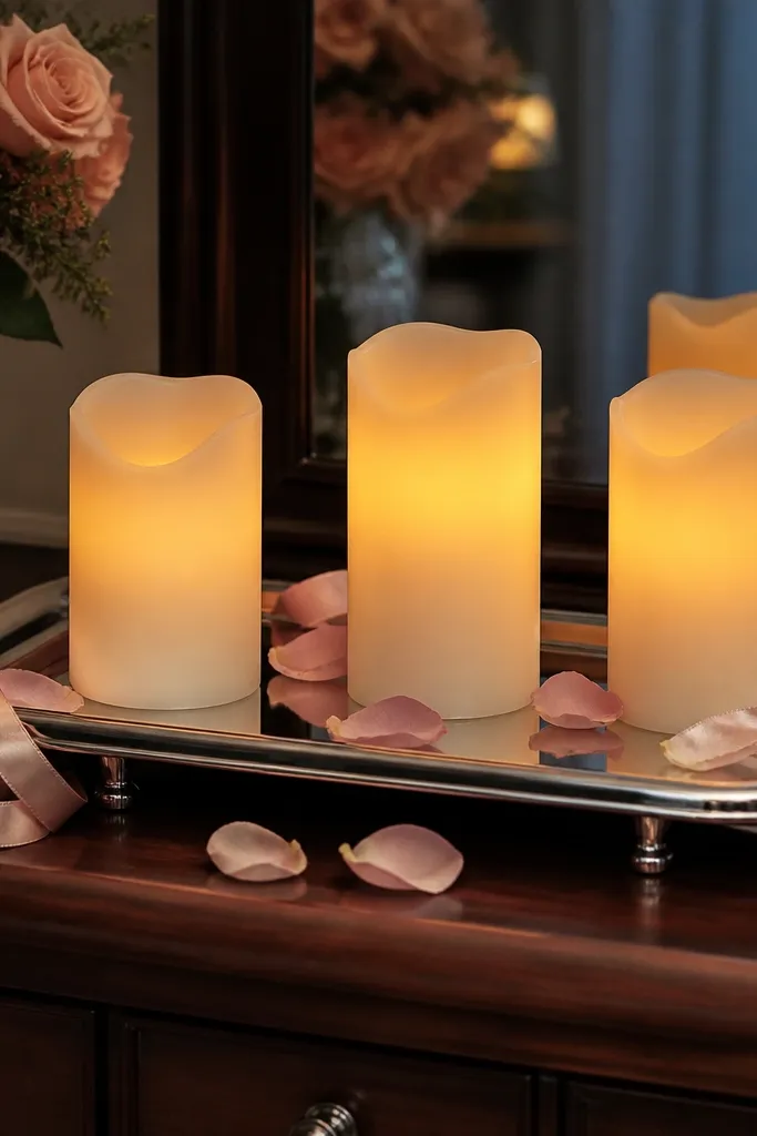 Three flameless candles on a mirrored tray with blush rose petals