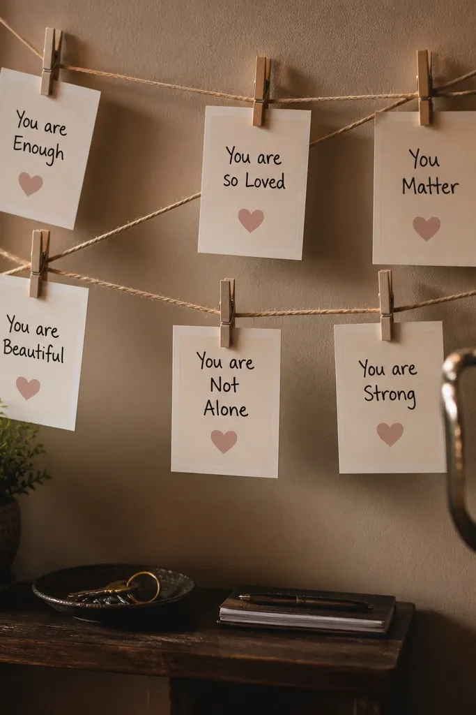 Twine line with small cream cards clipped, reading welcome and bride name