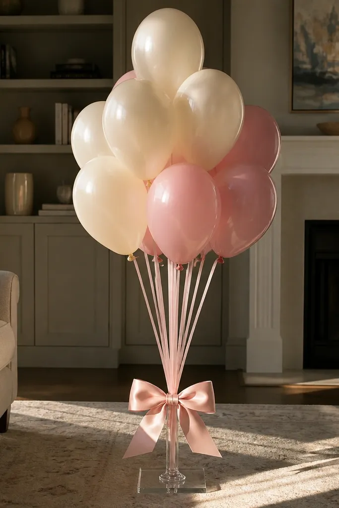 Cream and blush balloons tied with ribbon on a floor stand near the door
