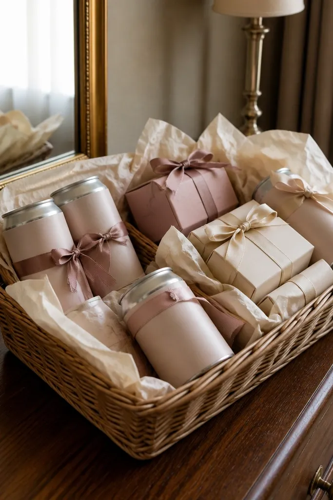 Cream basket with blush ribbon and small labeled goodies for guests
