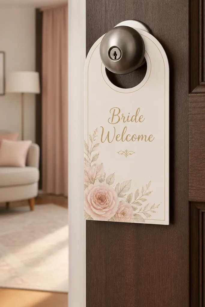 Soft pastel door hanger reading bride bachelorette with a blush bow