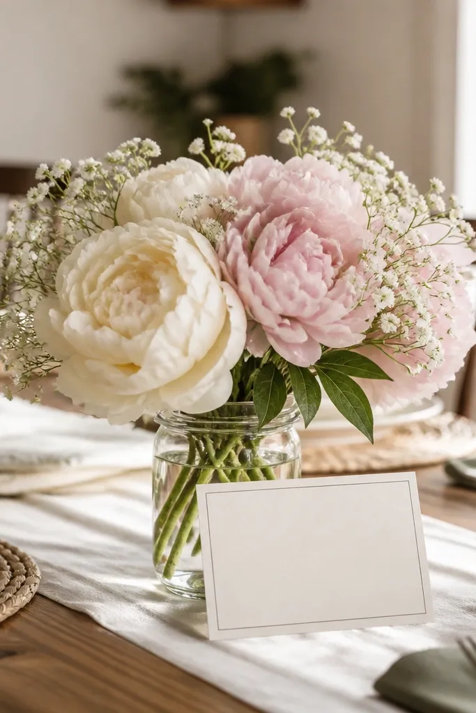Small bud vase jar with cream and blush flowers and a note card on a nightstand