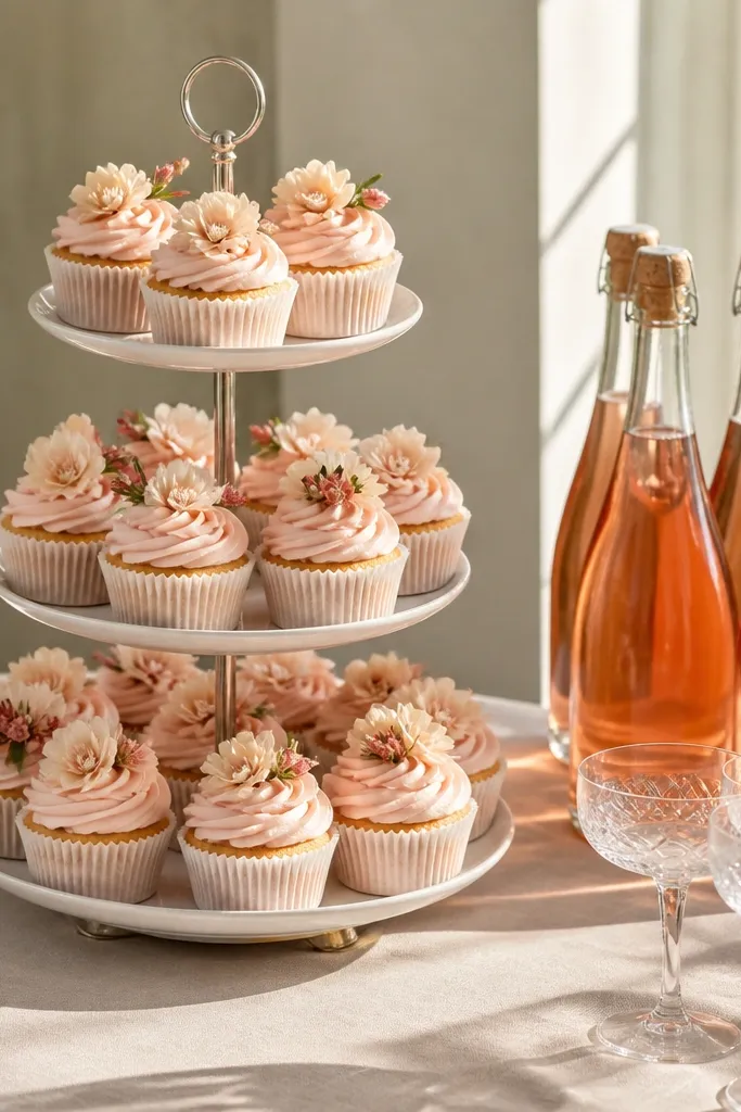 Three-tier cupcake stand with blush toppers and sealed sparkling drinks on the side