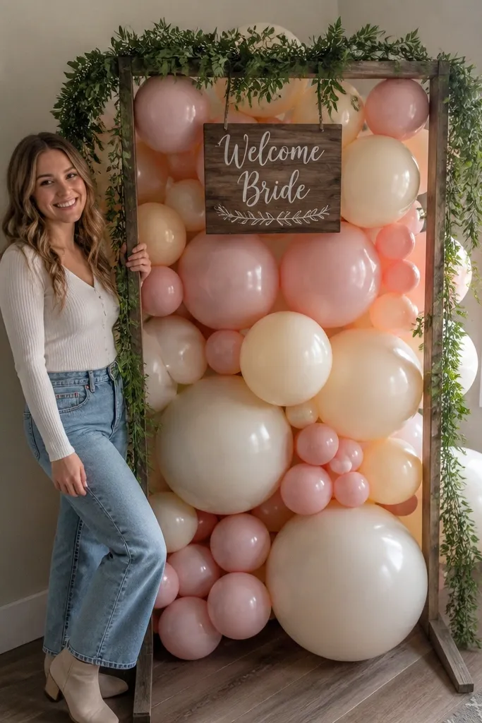 Small balloon arch in cream and blush beside a curtain backdrop