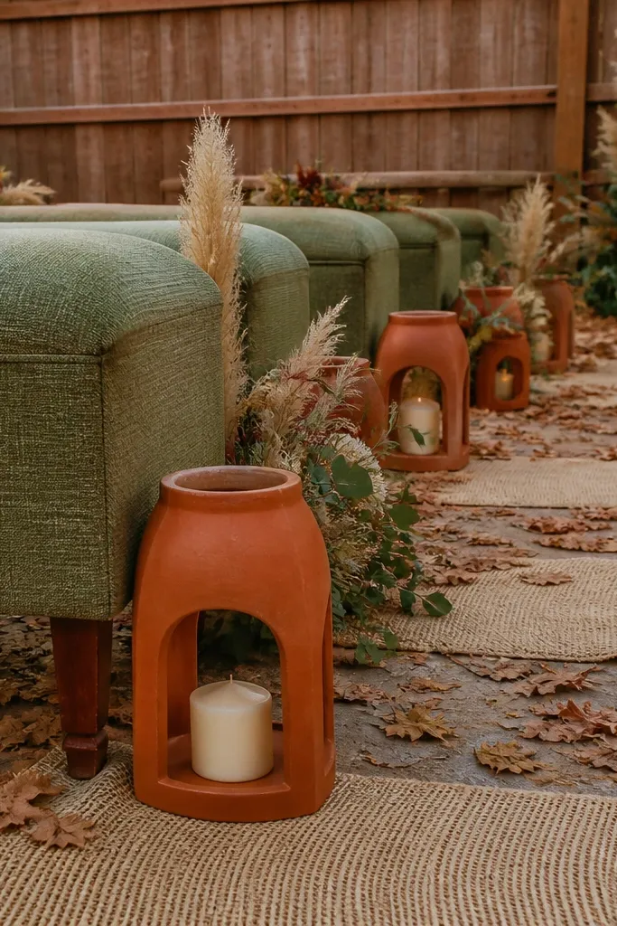 Terracotta napkins with sage greenery and oatmeal table runners